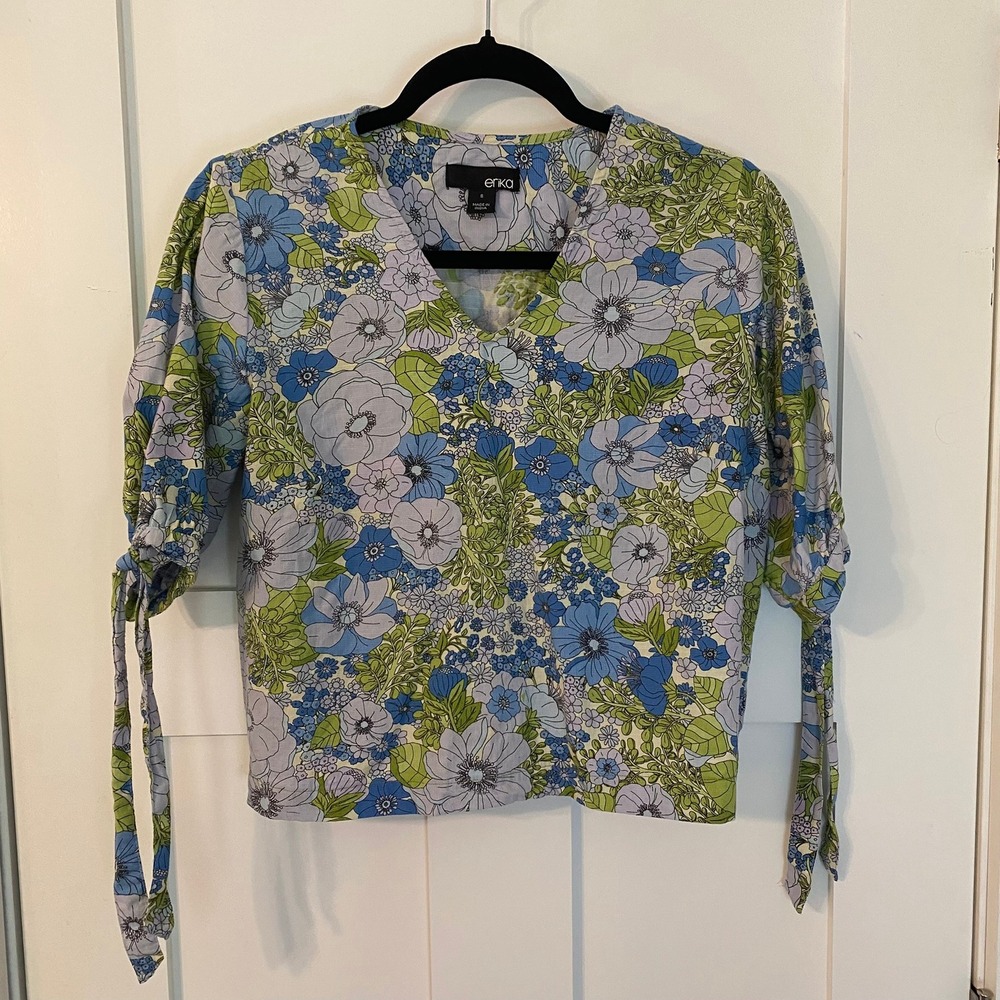 Blue Green Floral V-Neck Blouse Tie Sleeve Cotton Blend S Cottagecore Chic